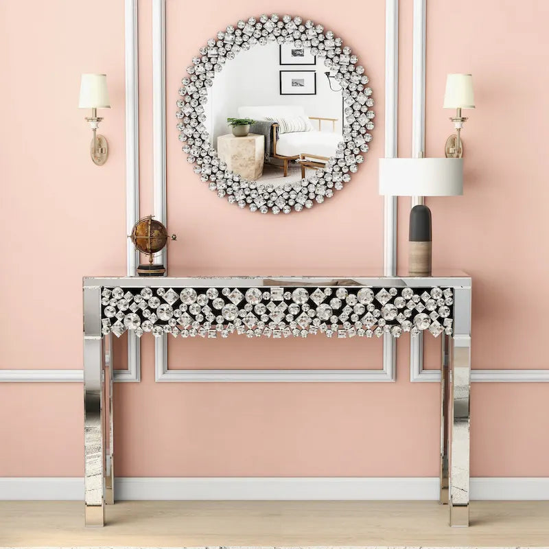 Silver Mirrored Console Table with Crystal Frame