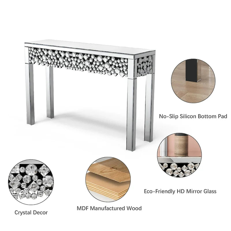 Silver Mirrored Console Table with Crystal Frame