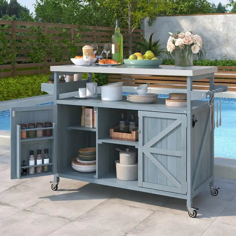 Outdoor Kitchen Island with Stainless Steel Top and Storage Cabinet