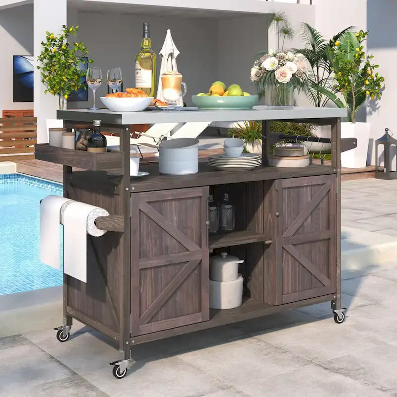Outdoor Kitchen Island with Stainless Steel Top and Storage Cabinet