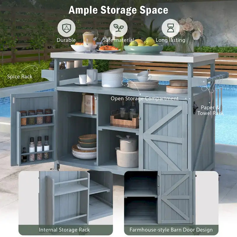 Outdoor Kitchen Island with Stainless Steel Top and Storage Cabinet