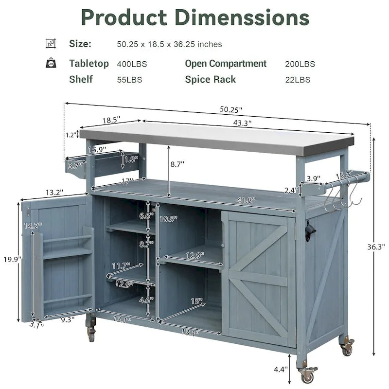 Outdoor Kitchen Island with Stainless Steel Top and Storage Cabinet