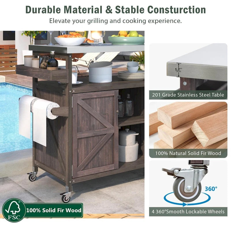 Outdoor Kitchen Island with Stainless Steel Top and Storage Cabinet