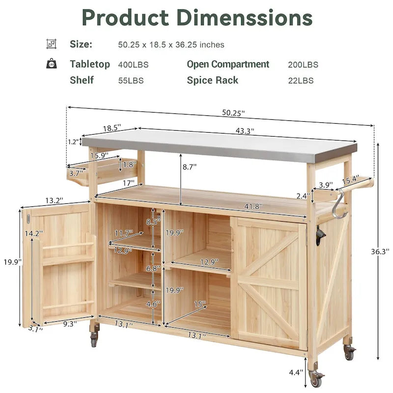 Outdoor Kitchen Island with Stainless Steel Top and Storage Cabinet