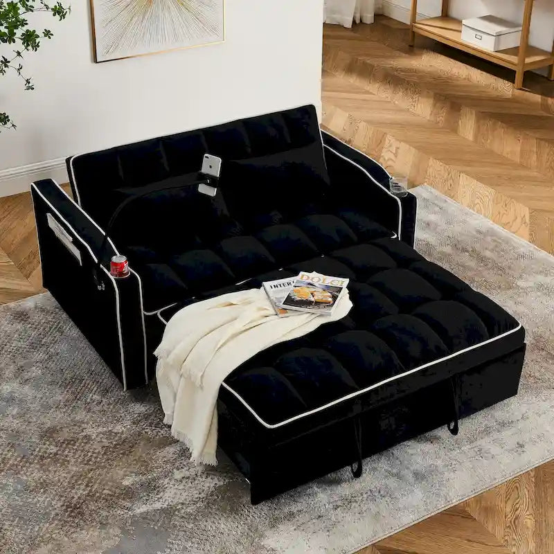 55.5-Inch Convertible Velvet Sofa Bed with USB Charging