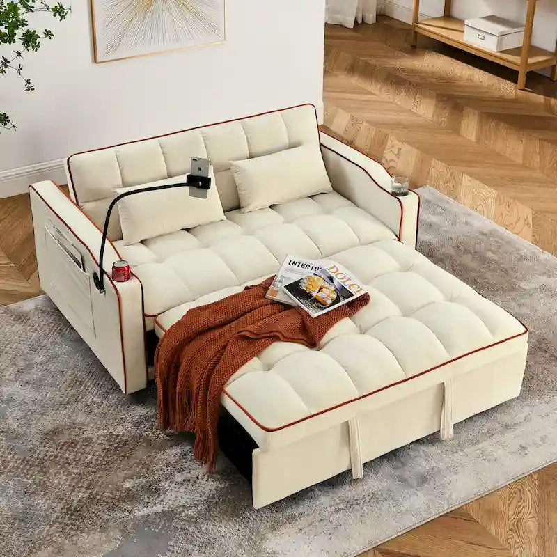55.5-Inch Convertible Velvet Sofa Bed with USB Charging