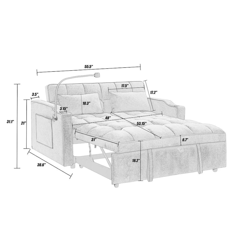 55.5-Inch Convertible Velvet Sofa Bed with USB Charging