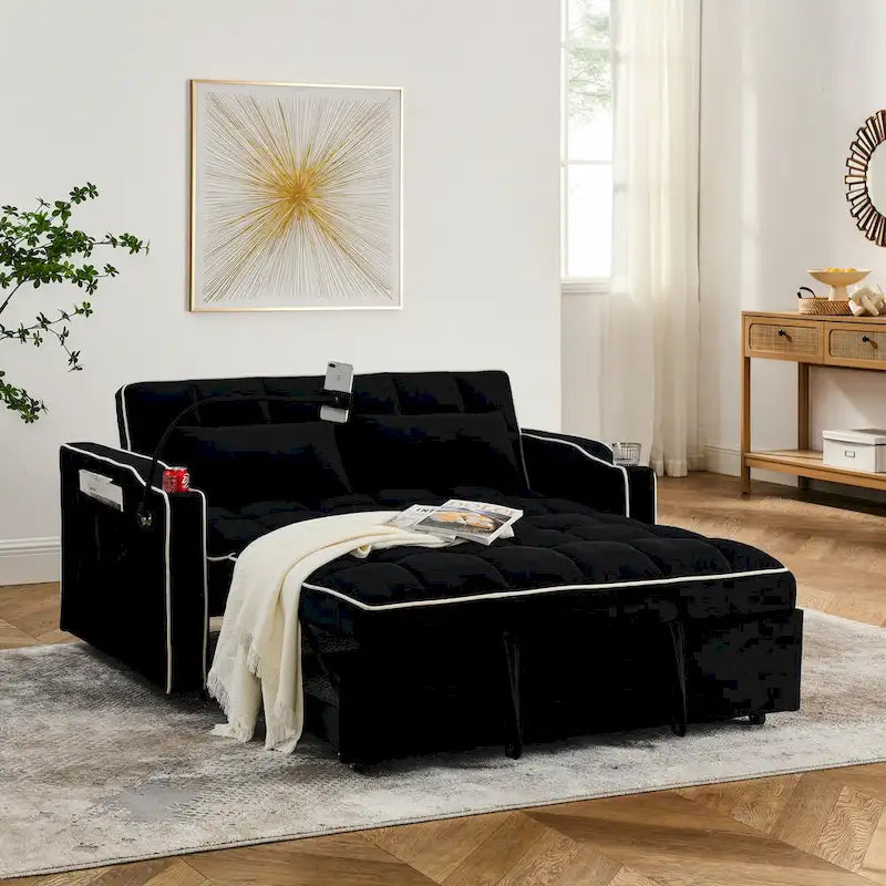 55.5-Inch Convertible Velvet Sofa Bed with USB Charging