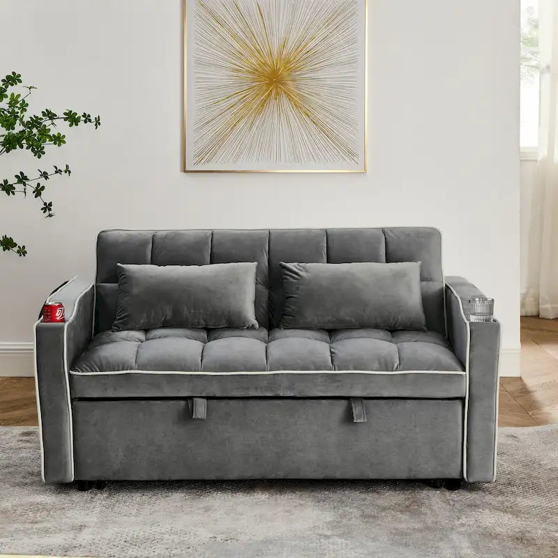 55.5-Inch Convertible Velvet Sofa Bed with USB Charging