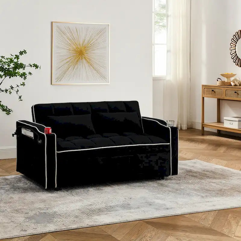 55.5-Inch Convertible Velvet Sofa Bed with USB Charging