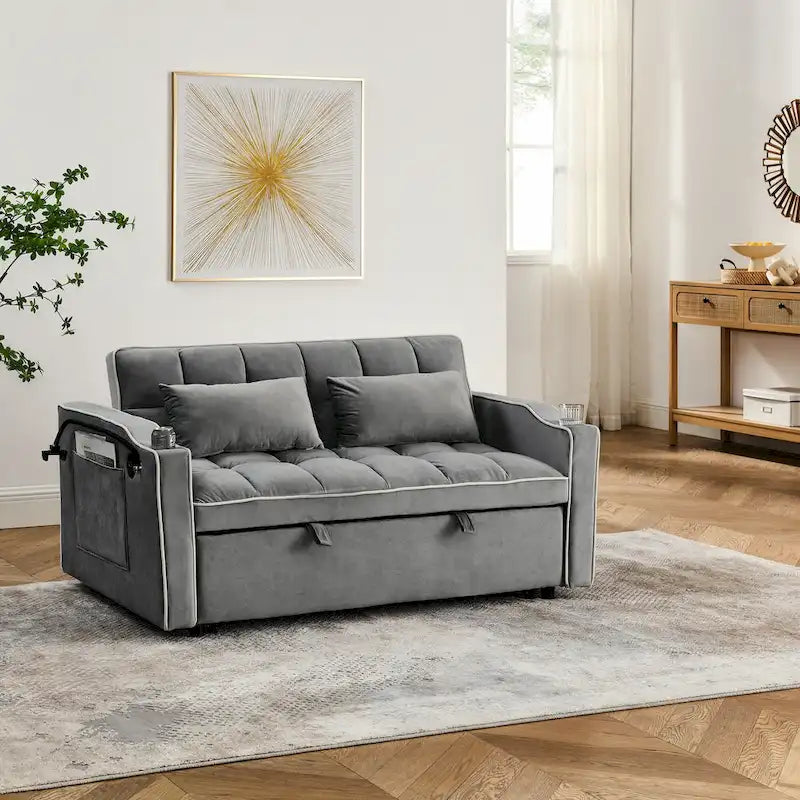55.5-Inch Convertible Velvet Sofa Bed with USB Charging