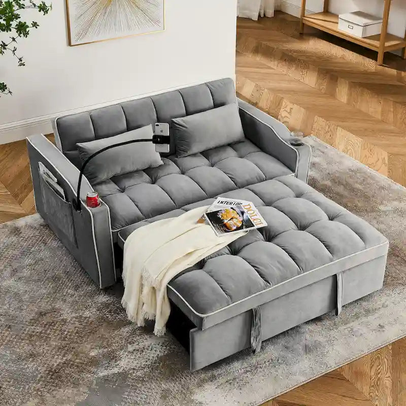 55.5-Inch Convertible Velvet Sofa Bed with USB Charging