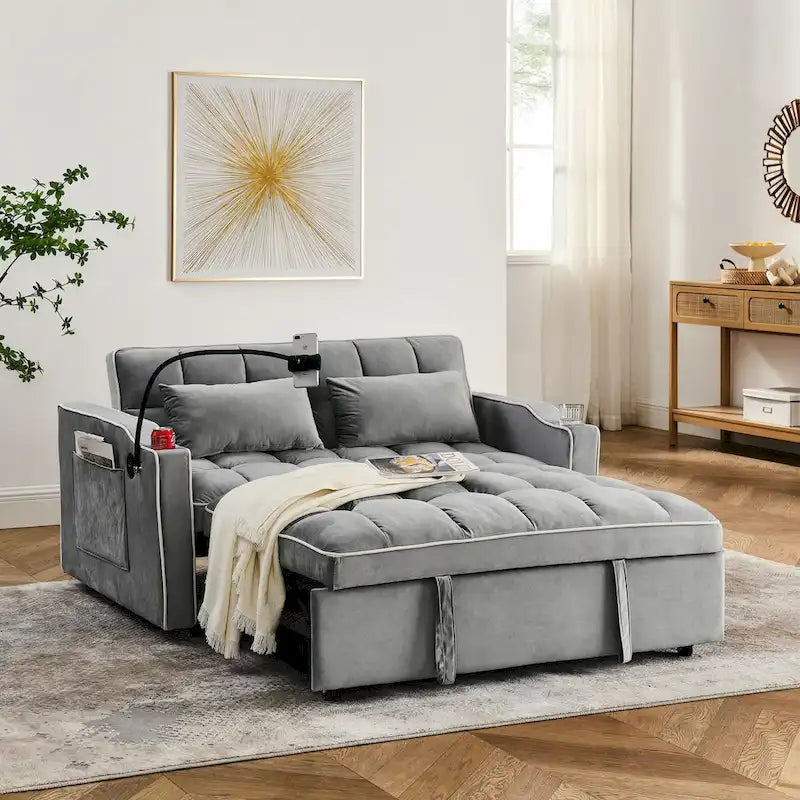 55.5-Inch Convertible Velvet Sofa Bed with USB Charging