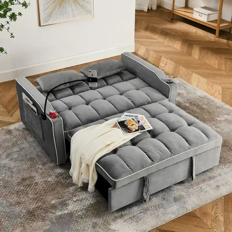 55.5-Inch Convertible Velvet Sofa Bed with USB Charging