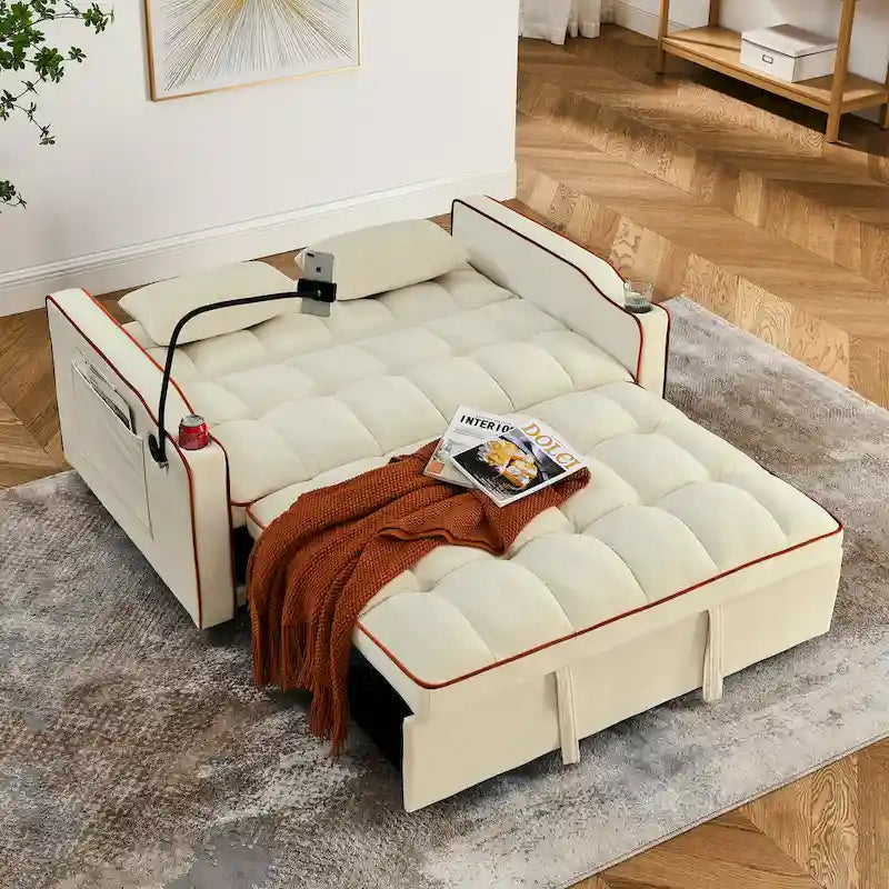 55.5-Inch Convertible Velvet Sofa Bed with USB Charging