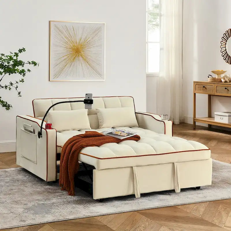 55.5-Inch Convertible Velvet Sofa Bed with USB Charging