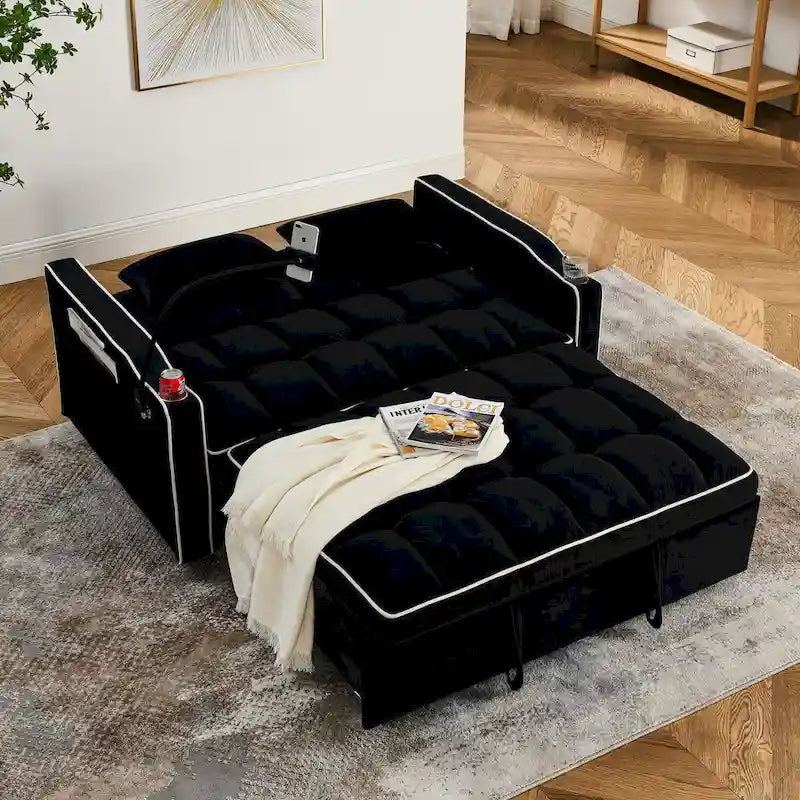 55.5-Inch Convertible Velvet Sofa Bed with USB Charging