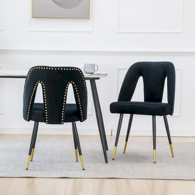 Set of 2 Upholstered Dining Chairs with Nailhead Trim and Metal Legs