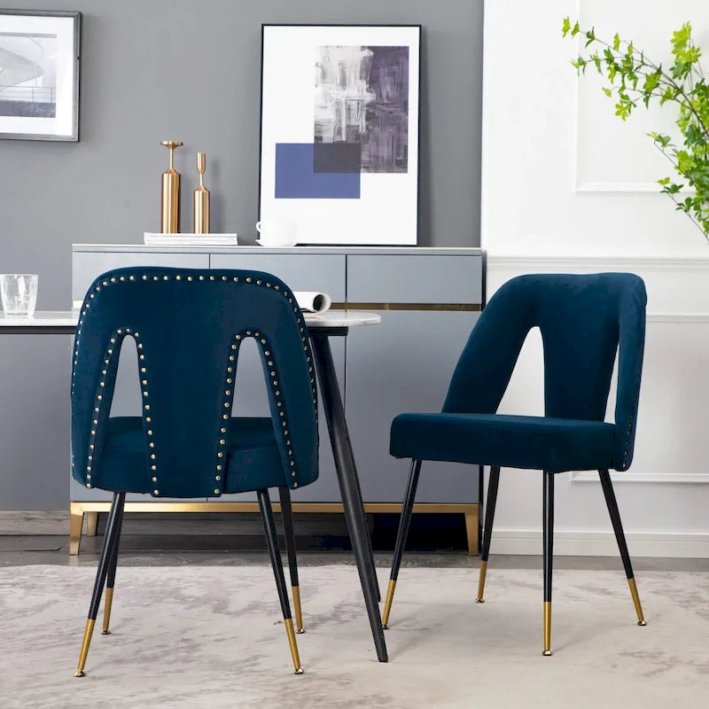 Set of 2 Upholstered Dining Chairs with Nailhead Trim and Metal Legs