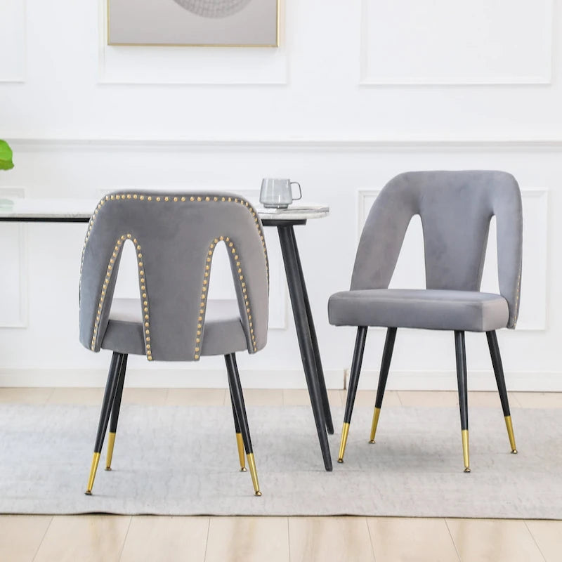 Set of 2 Upholstered Dining Chairs with Nailhead Trim and Metal Legs