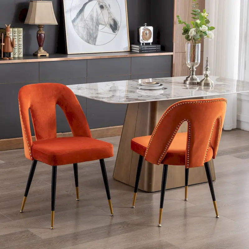 Set of 2 Upholstered Dining Chairs with Nailhead Trim and Metal Legs