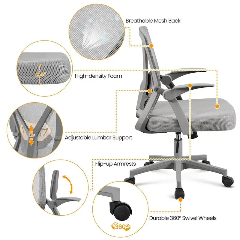 Mesh Office Chair with Flip-Up Armrests and Adjustable Lumbar Support