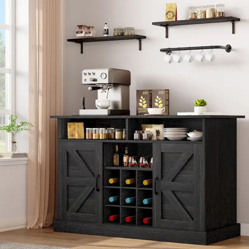 47-Inch Farmhouse Coffee Bar Cabinet with Floating Shelves and Power Outlet