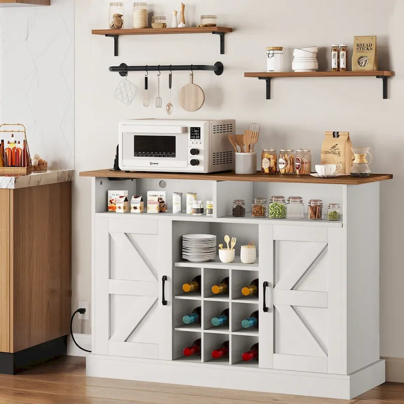 47-Inch Farmhouse Coffee Bar Cabinet with Floating Shelves and Power Outlet