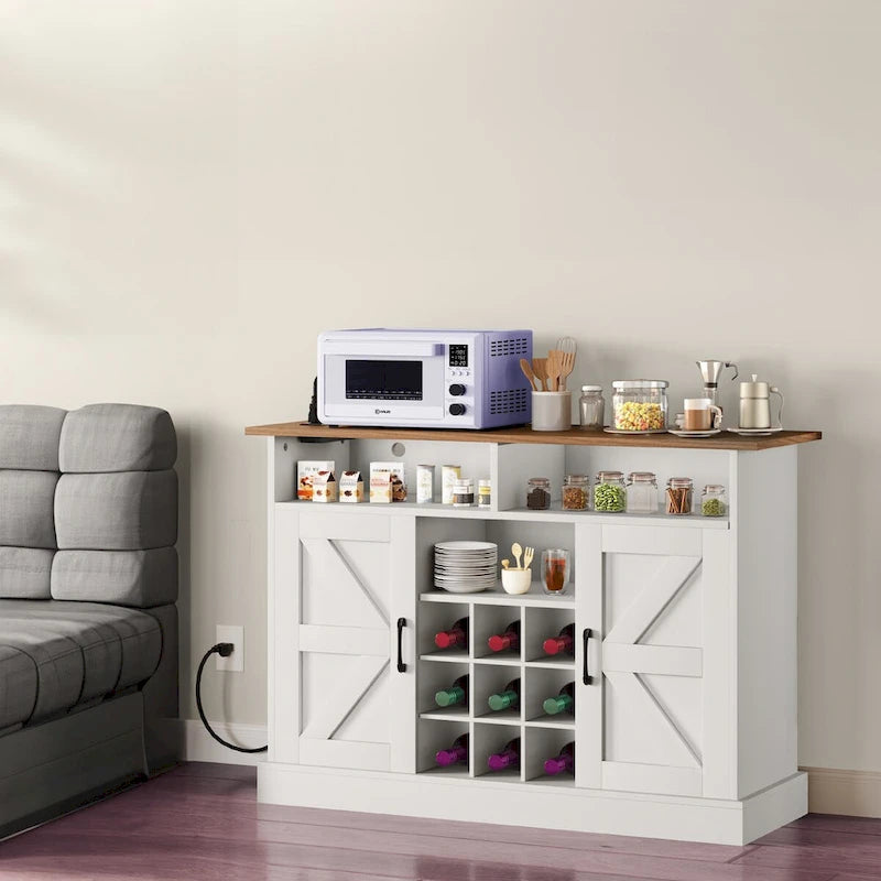 47-Inch Farmhouse Coffee Bar Cabinet with Floating Shelves and Power Outlet