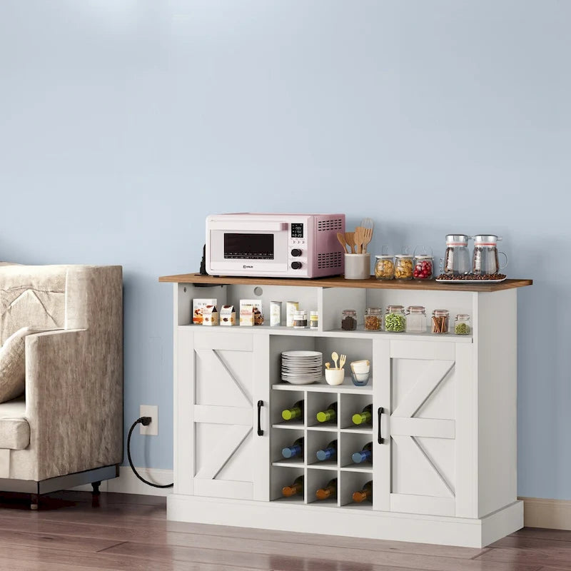 47-Inch Farmhouse Coffee Bar Cabinet with Floating Shelves and Power Outlet