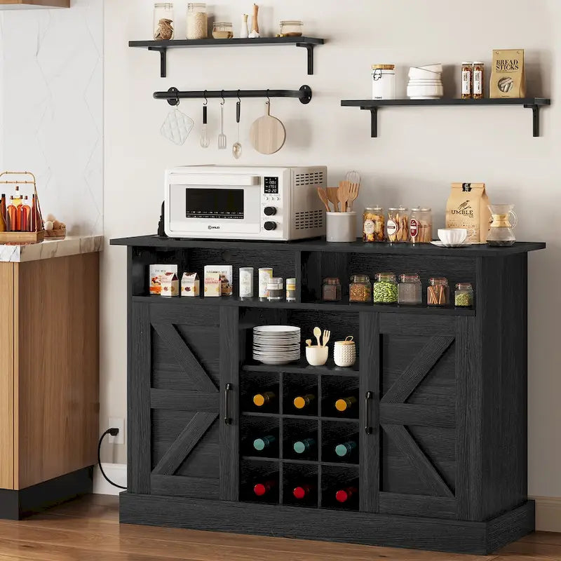 47-Inch Farmhouse Coffee Bar Cabinet with Floating Shelves and Power Outlet