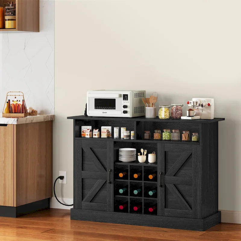 47-Inch Farmhouse Coffee Bar Cabinet with Floating Shelves and Power Outlet