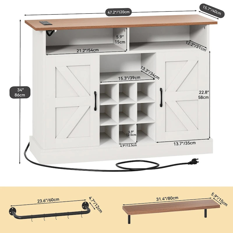 47-Inch Farmhouse Coffee Bar Cabinet with Floating Shelves and Power Outlet