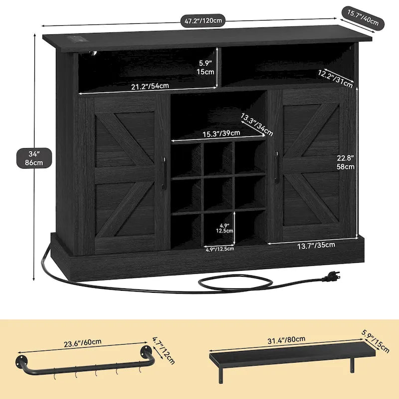 47-Inch Farmhouse Coffee Bar Cabinet with Floating Shelves and Power Outlet