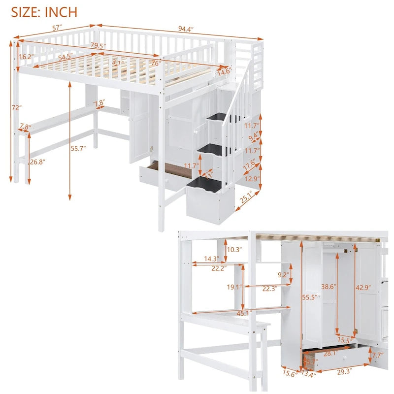 White Full Loft Bed with Desk, Wardrobe and Storage Stairs