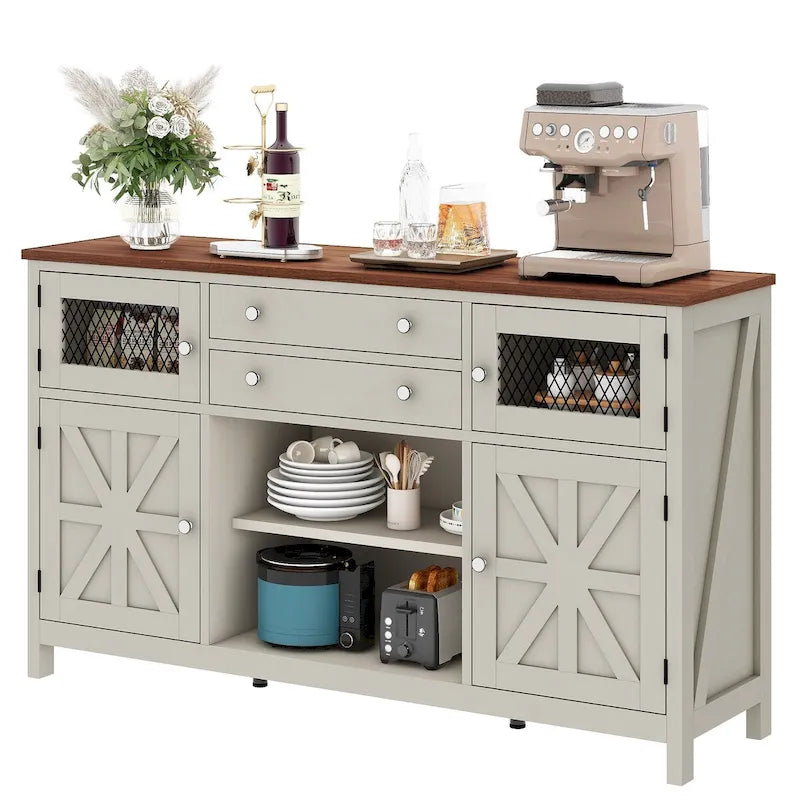 59-Inch Farmhouse Coffee Bar Cabinet with Drawers and Grid Doors
