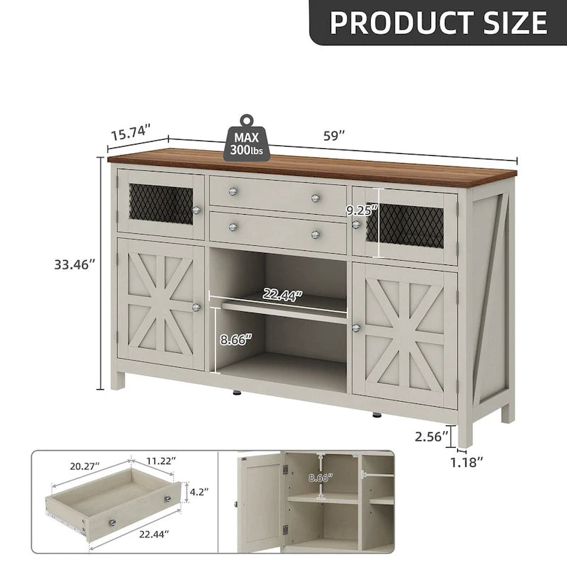 59-Inch Farmhouse Coffee Bar Cabinet with Drawers and Grid Doors