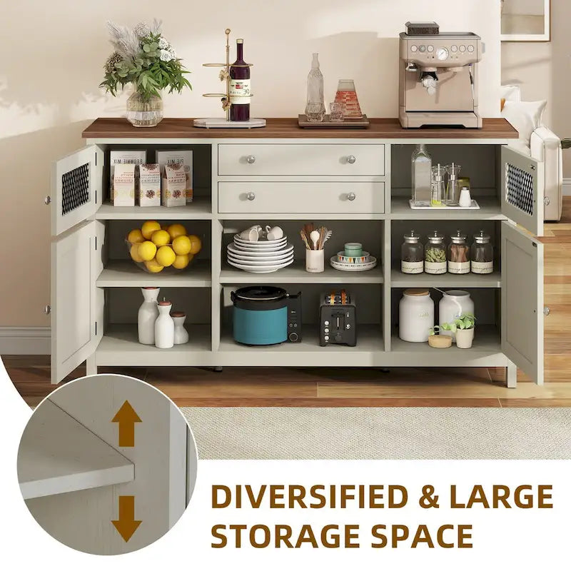 59-Inch Farmhouse Coffee Bar Cabinet with Drawers and Grid Doors