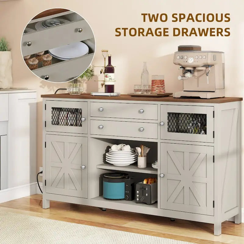 59-Inch Farmhouse Coffee Bar Cabinet with Drawers and Grid Doors
