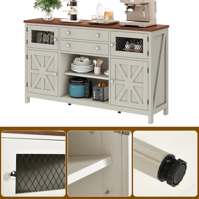 59-Inch Farmhouse Coffee Bar Cabinet with Drawers and Grid Doors