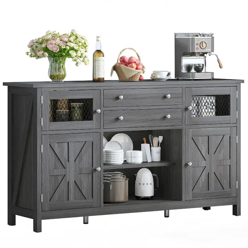 59-Inch Farmhouse Coffee Bar Cabinet with Drawers and Grid Doors