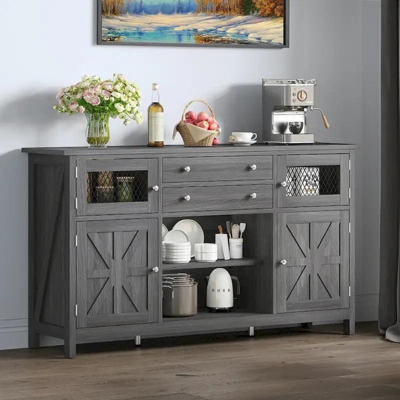 59-Inch Farmhouse Coffee Bar Cabinet with Drawers and Grid Doors