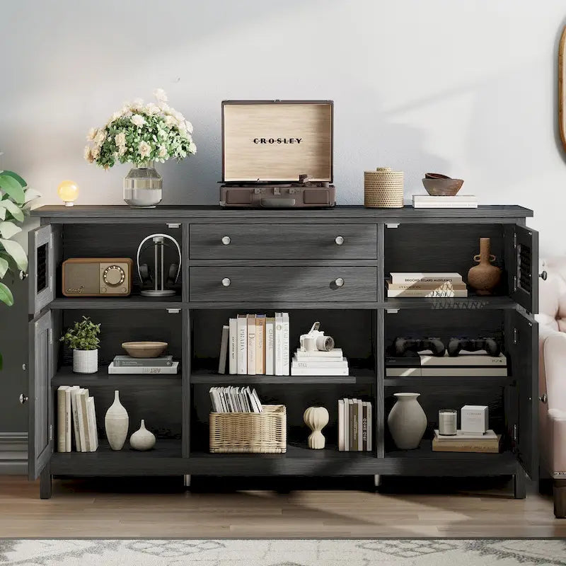 59-Inch Farmhouse Coffee Bar Cabinet with Drawers and Grid Doors