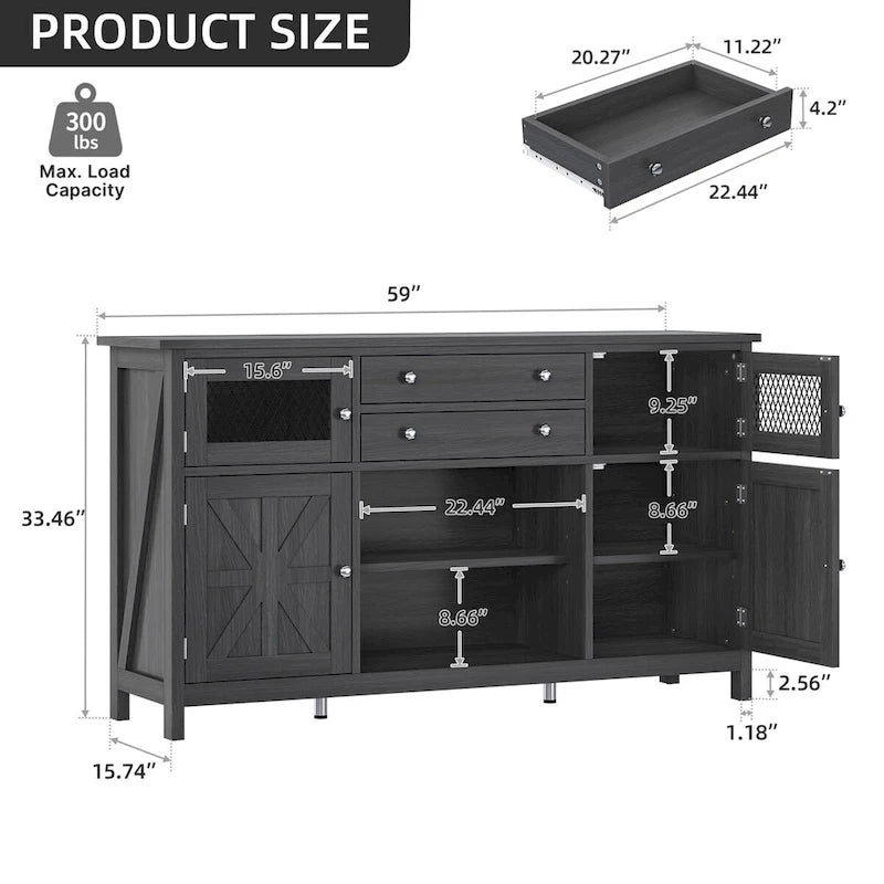 59-Inch Farmhouse Coffee Bar Cabinet with Drawers and Grid Doors