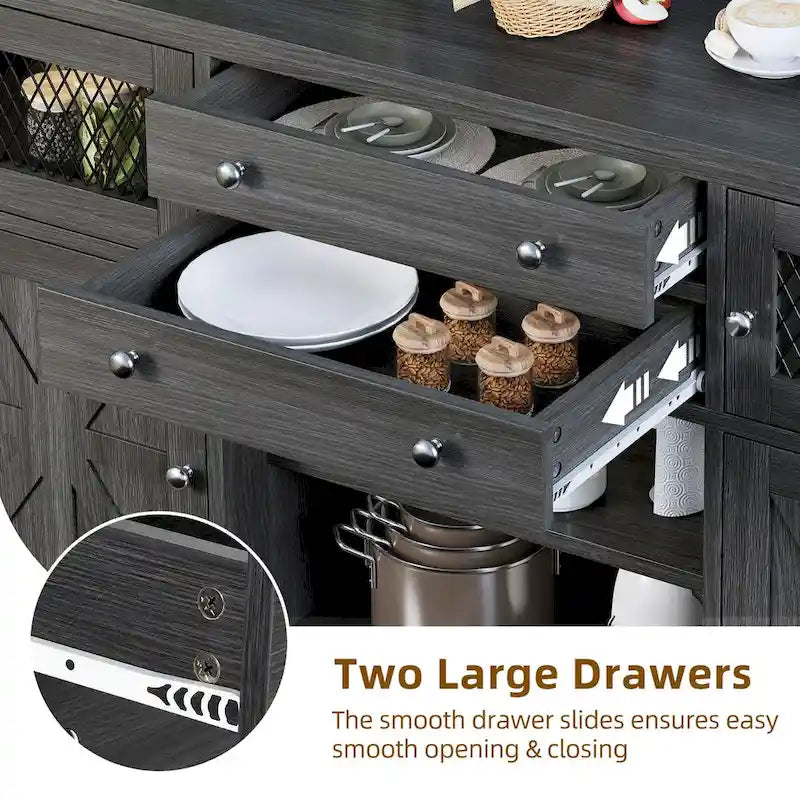 59-Inch Farmhouse Coffee Bar Cabinet with Drawers and Grid Doors