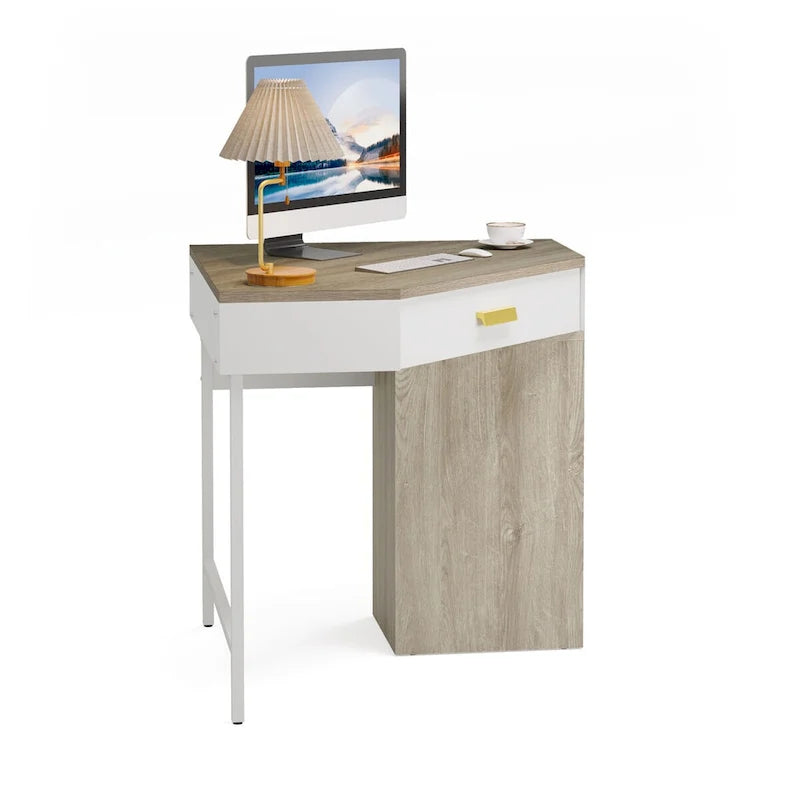 Corner Computer Desk with 4 Drawers and Metal Legs