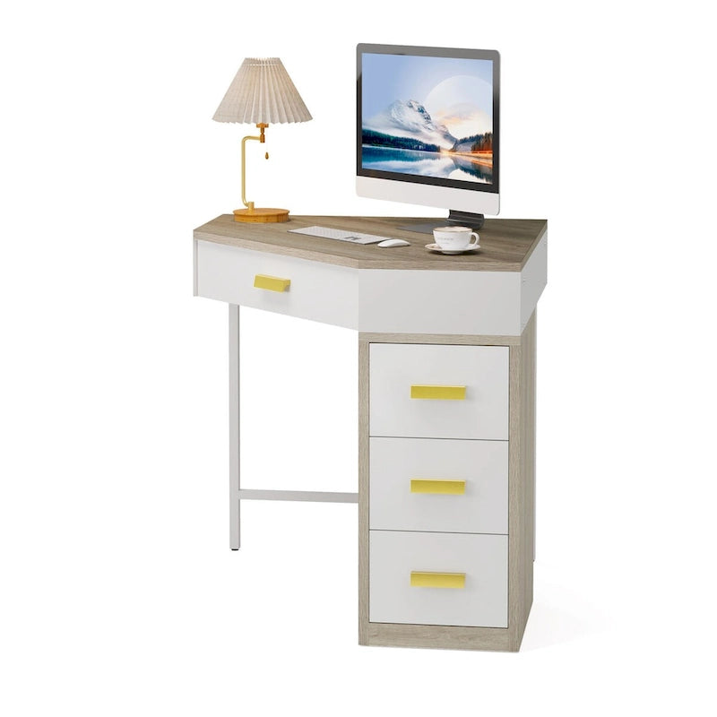 Corner Computer Desk with 4 Drawers and Metal Legs