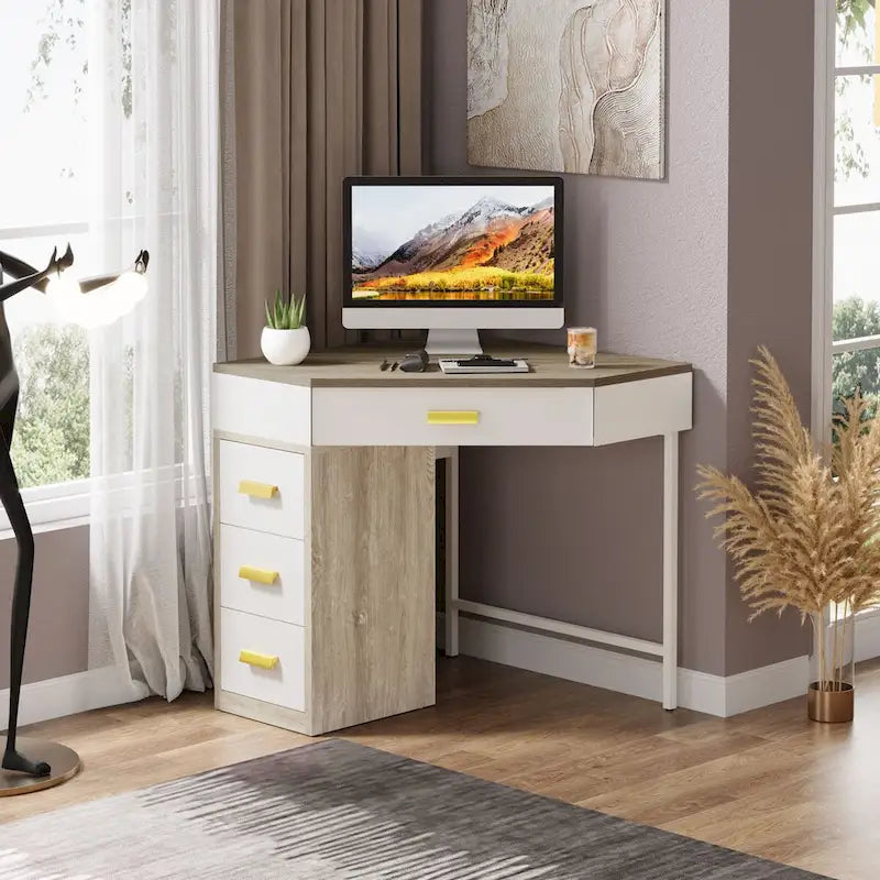 Corner Computer Desk with 4 Drawers and Metal Legs