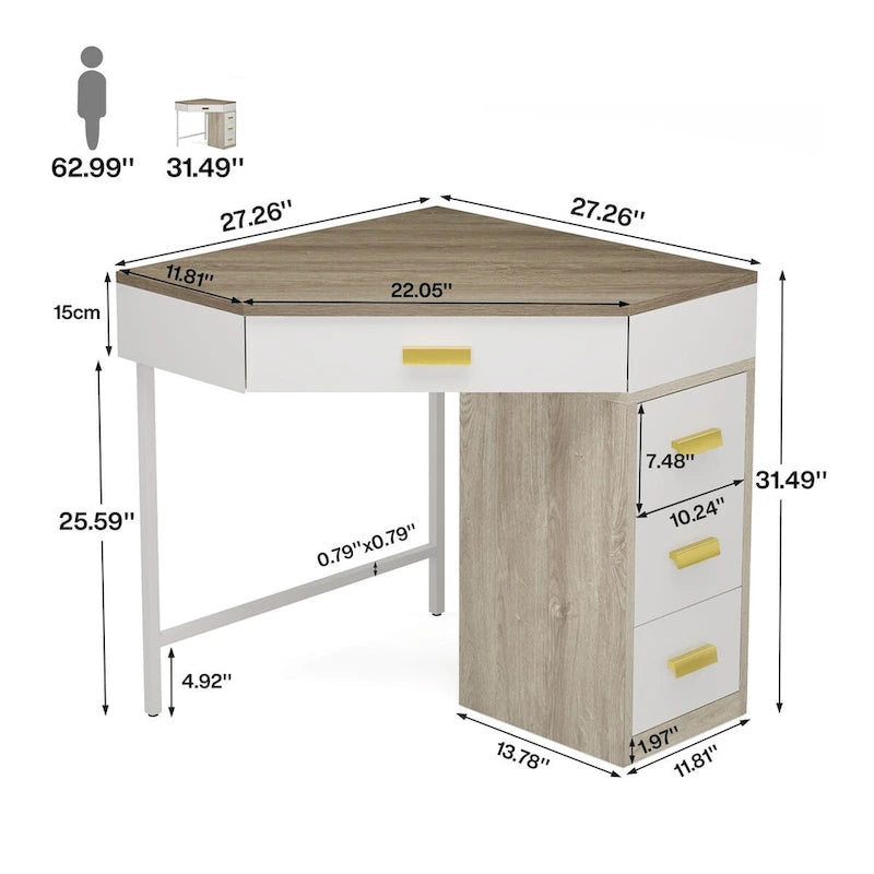 Corner Computer Desk with 4 Drawers and Metal Legs