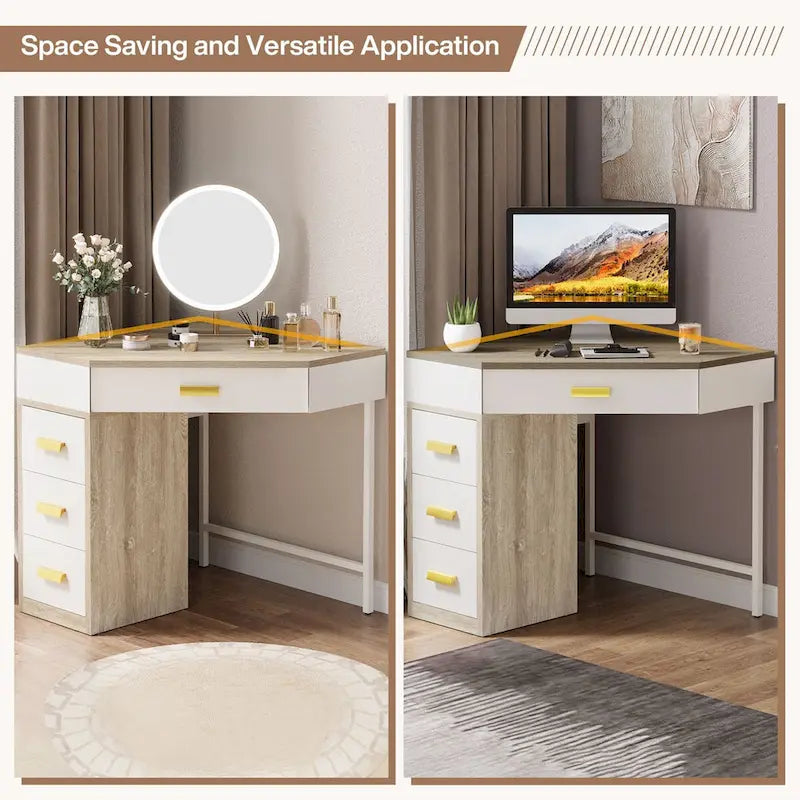 Corner Computer Desk with 4 Drawers and Metal Legs